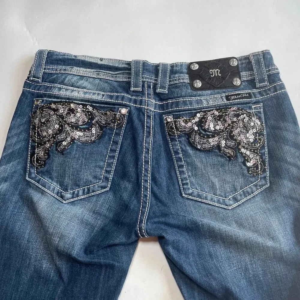 Vintage Miss Me Low Rise Bootcut Bedazzled Jeans Size 30 M Y2K Blue Denim